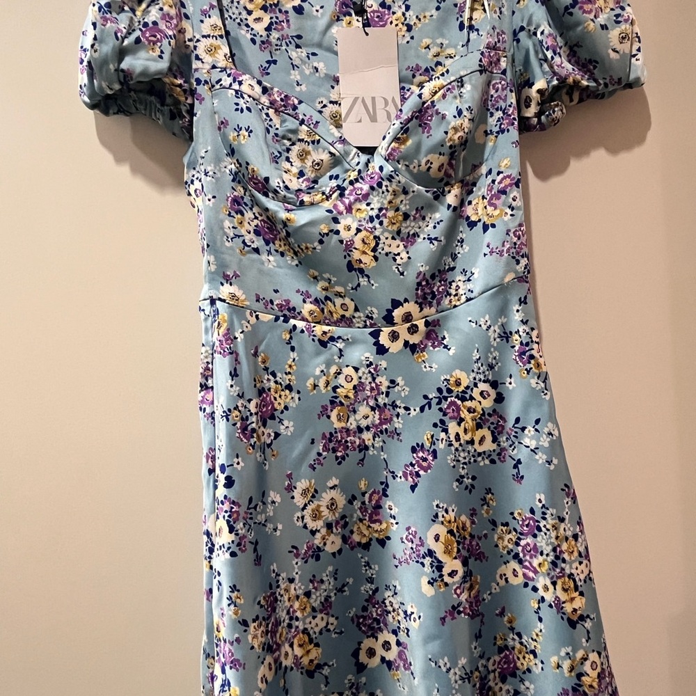 Zara Satin Blue Sweetheart Neckline Floral Dress Size XS